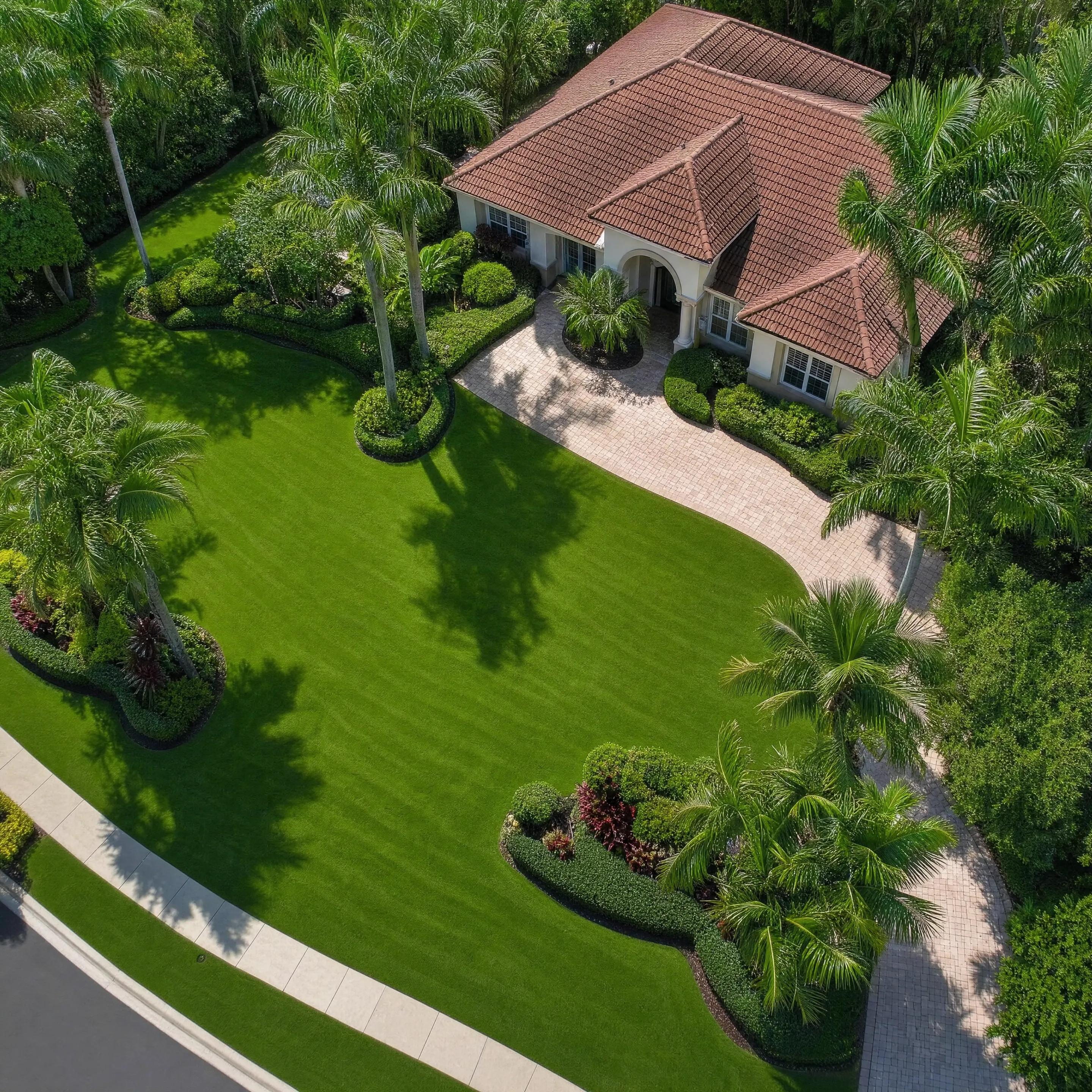 An aerial of a residential property with a full curving driveway and trimmed lawn