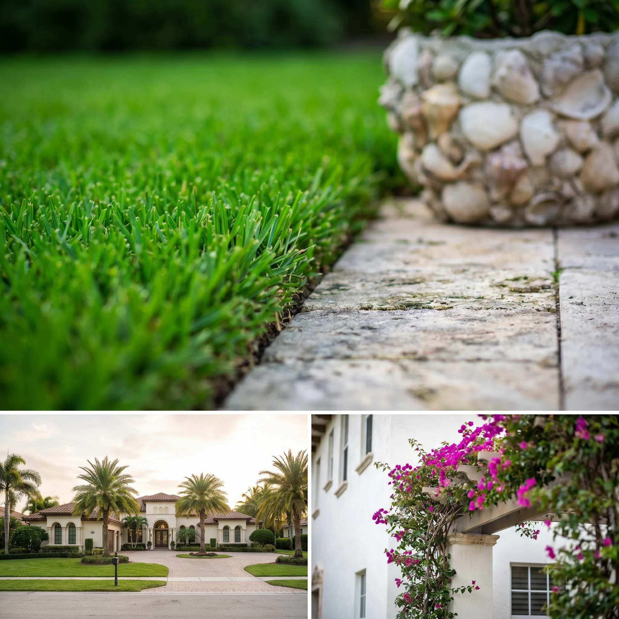Four frames of the route: grass detail, a bougainvillea bed, a Mediterranean estate, and a hedge-lined driveway