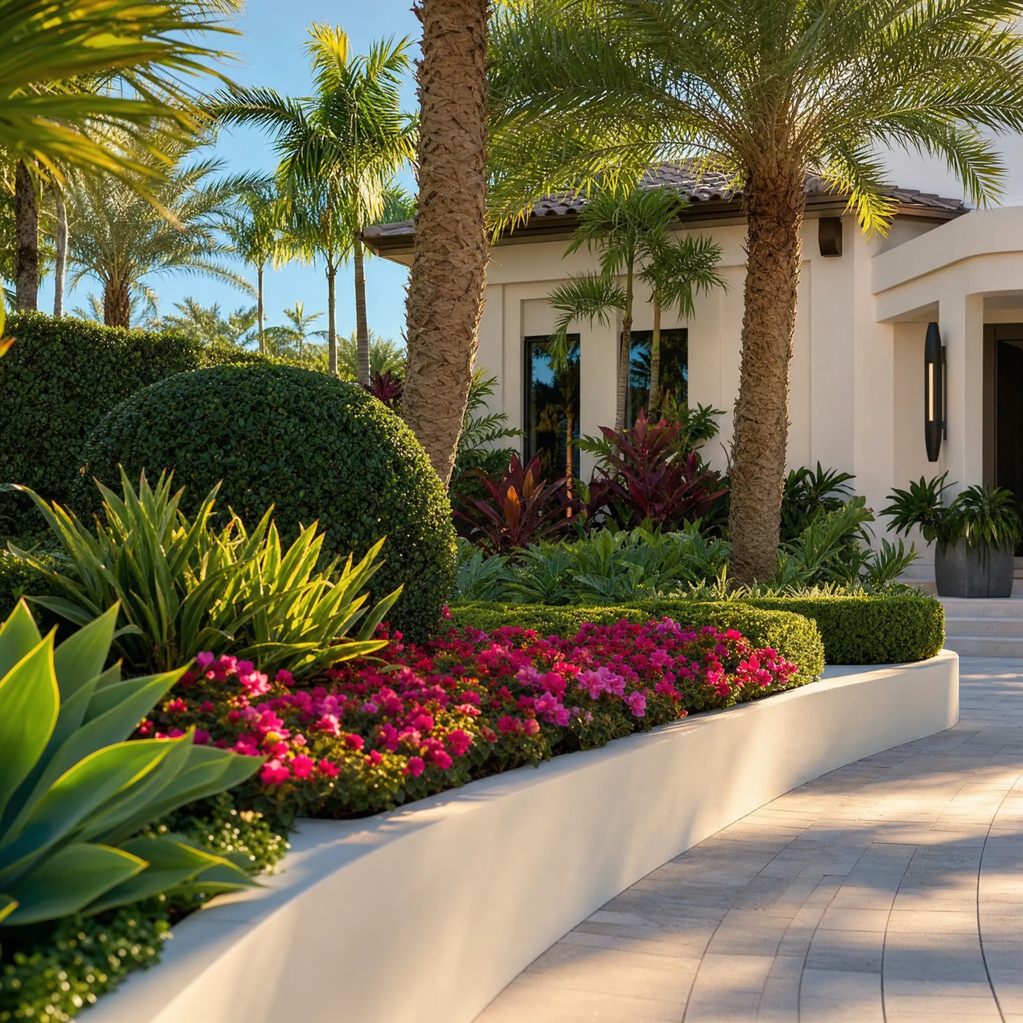 A curved bed of pink bougainvillea framing a white residential wall with palms