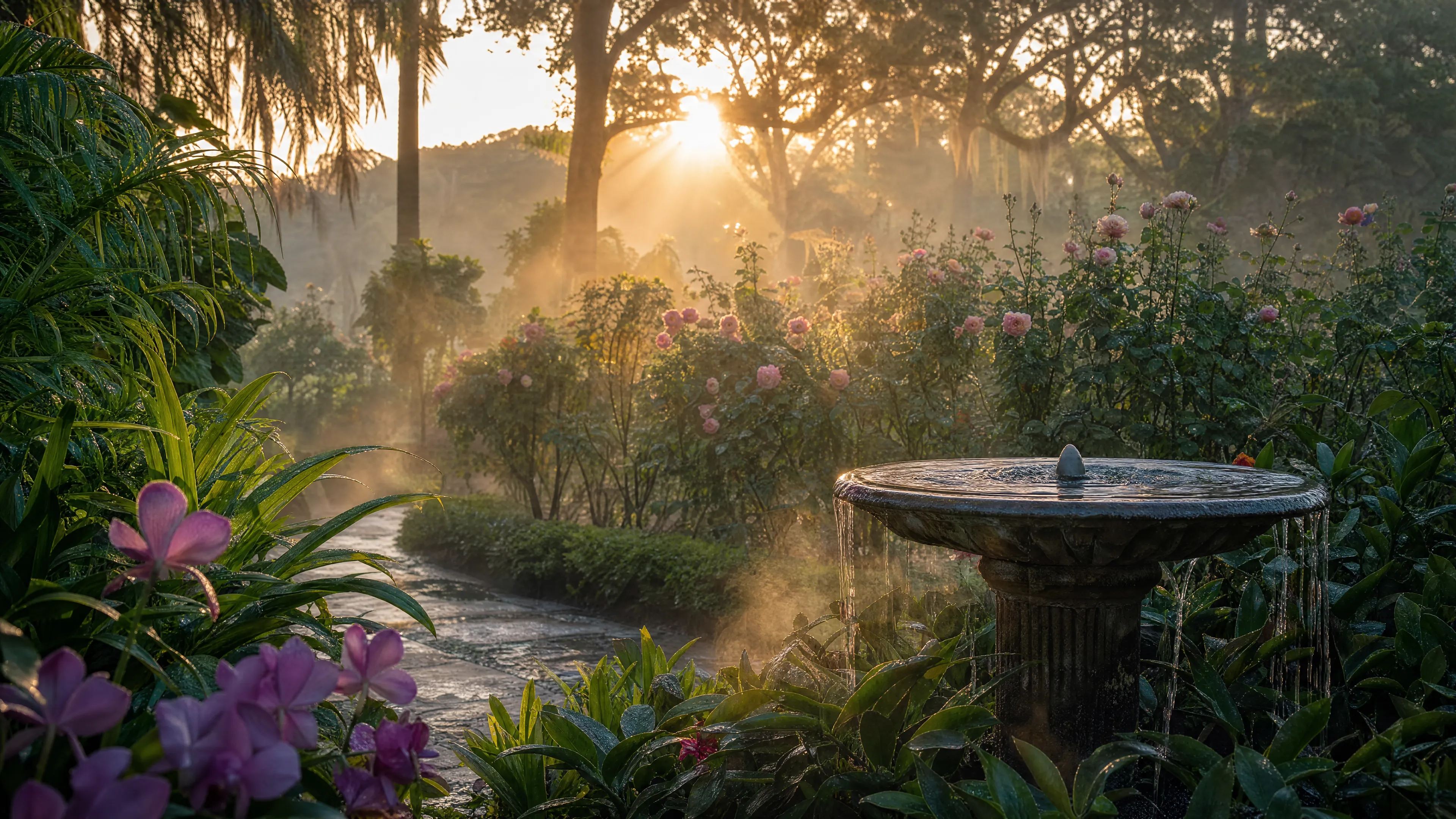 A garden fountain at sunset with surrounding tropical foliage