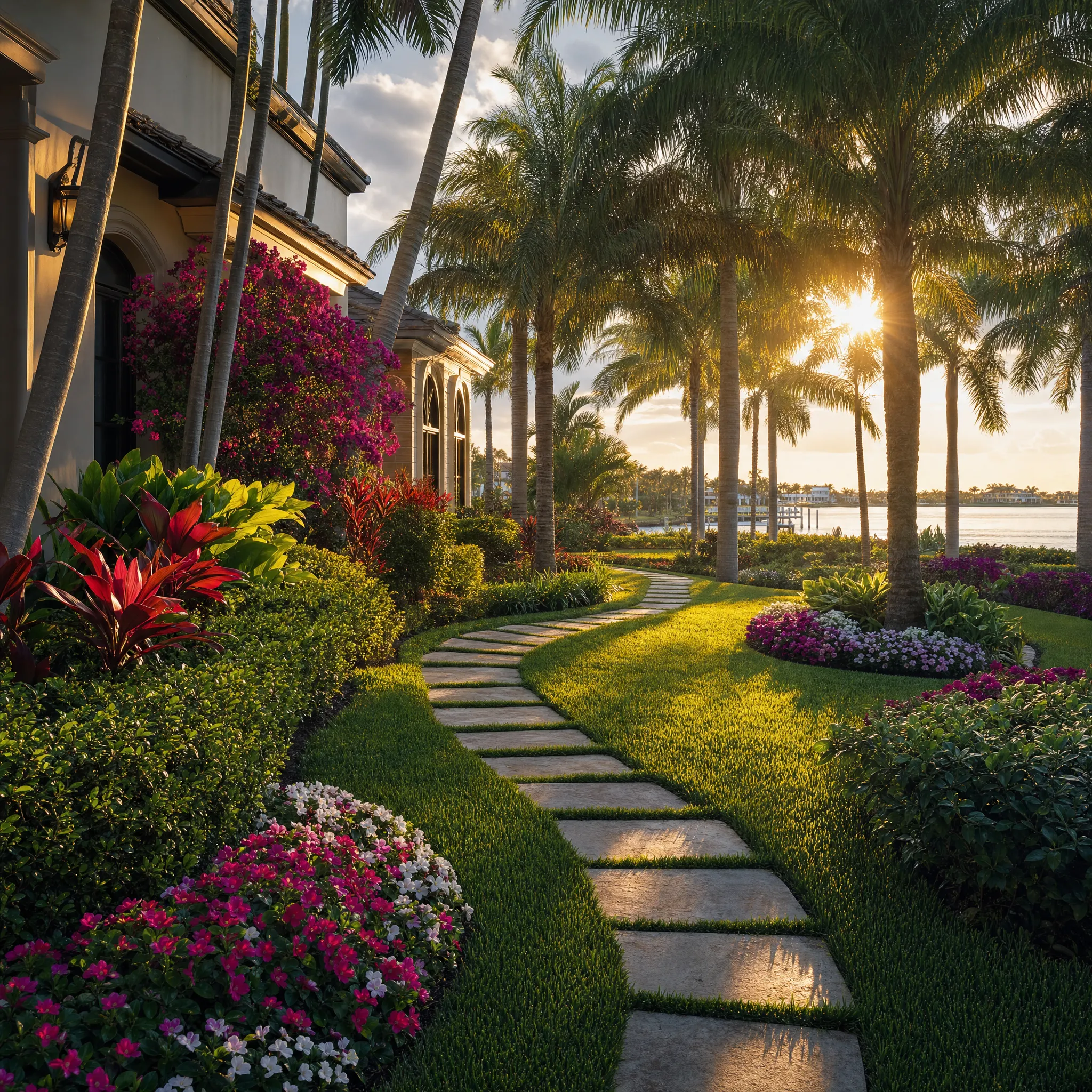 A waterway-front estate with stone path at golden hour