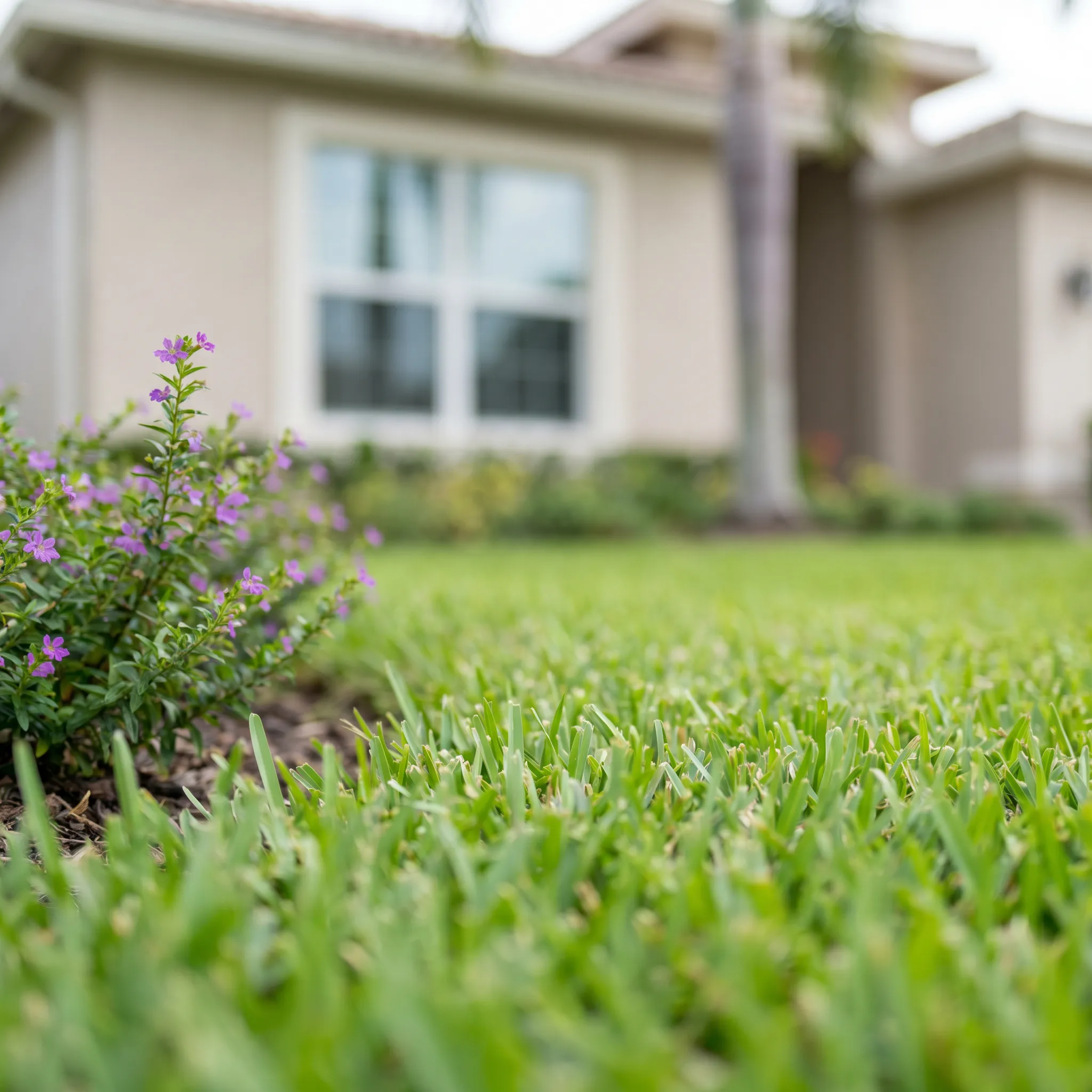 A close foreground of grass and purple flowering bushes with a residential home in soft focus