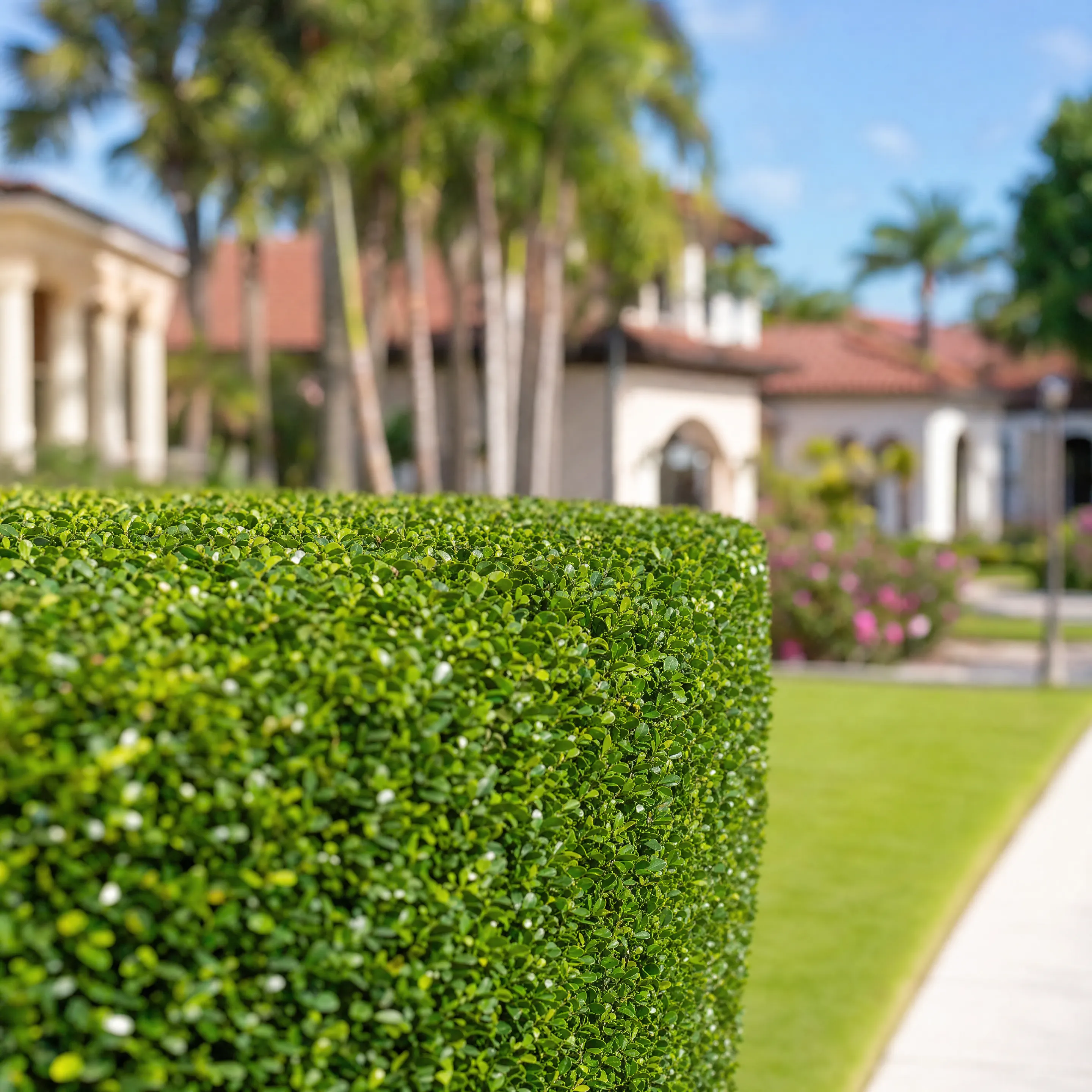 A trimmed hedge corner with a Mediterranean estate in the background